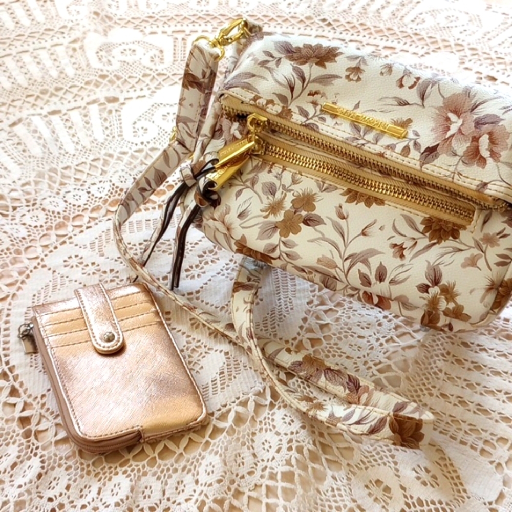 Steve Madden Floral Cream and Brown Crossbody Bag With Unbranded Card Wallet